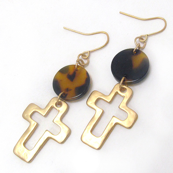 Tortoise disk and open cross drop earring