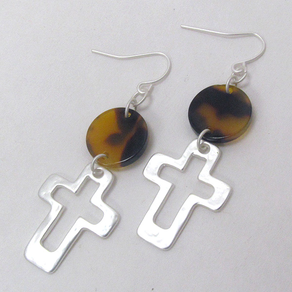 Tortoise disk and open cross drop earring