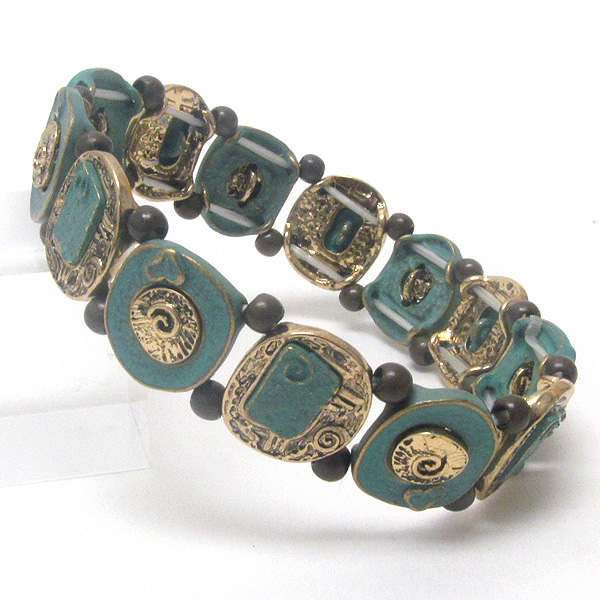 Textured and natural shaped metal disk link stretch bracelet