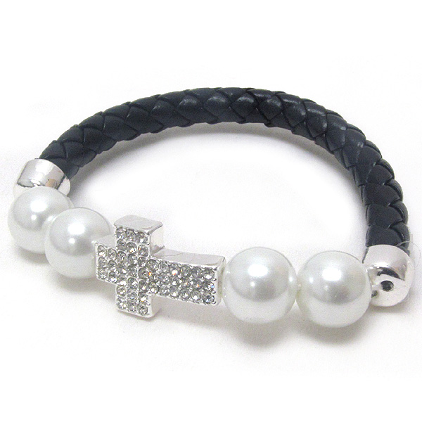 Crystal cross and pearl deco leatherette band stretch bracelet