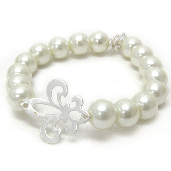 Metal fleur de lis and pearl stretch bracelet