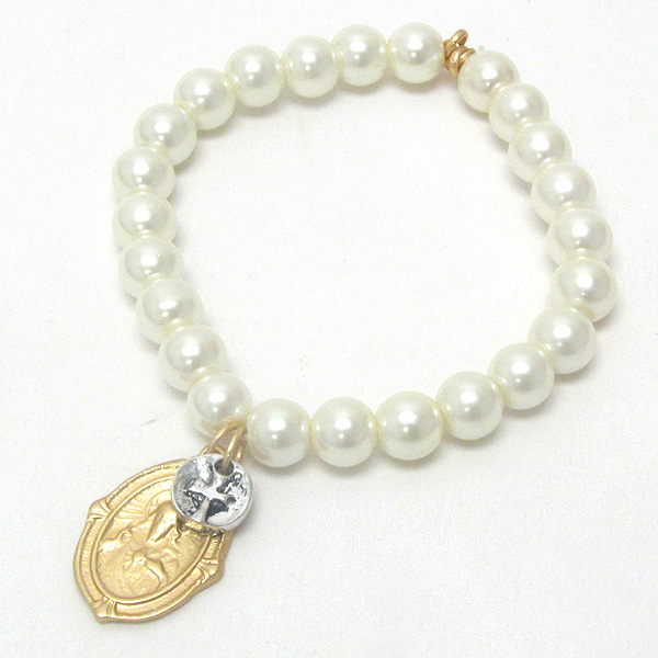 The holy mother charm and pearl stretch bracelet