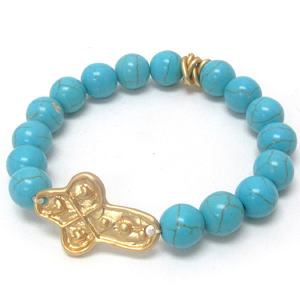 Metal cross and turquoise ball stretch bracelet