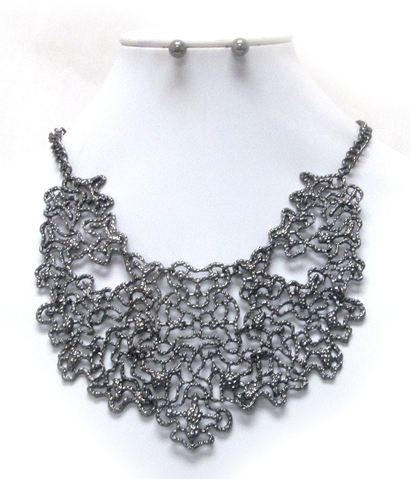 Metal filigree coral bib necklace earring set