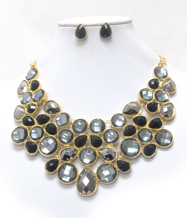 Multi shape facet acrylic stone deco bib necklace earring set