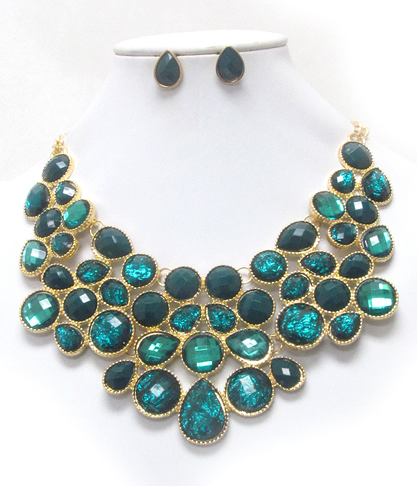 Multi shape facet acrylic stone deco bib necklace earring set