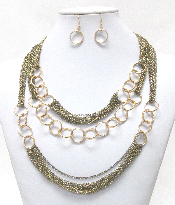 Multi metal ring and chain link 3 layered necklace earring set