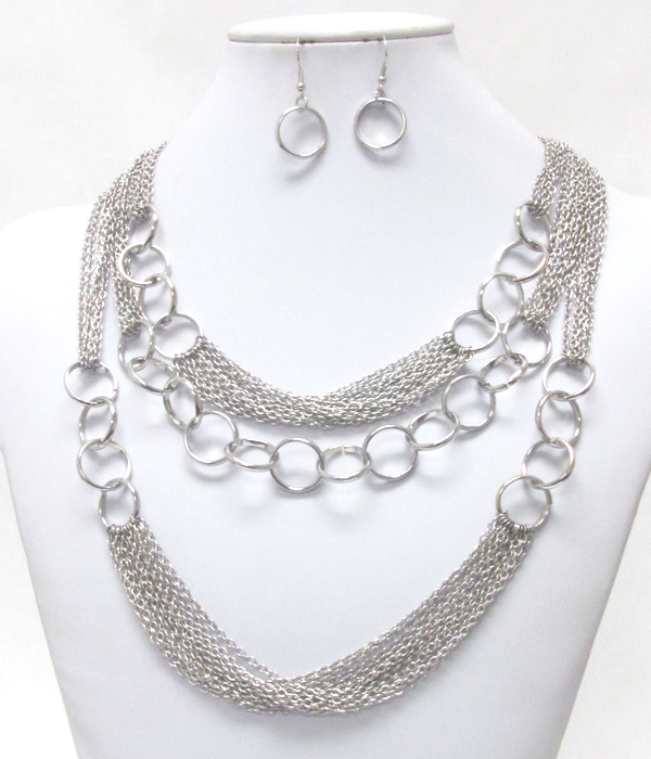 Multi metal ring and chain link 3 layered necklace earring set