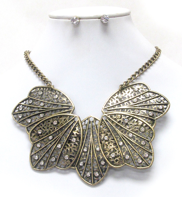 Crystal deco metal filigree multi leaf link nekclace earring set