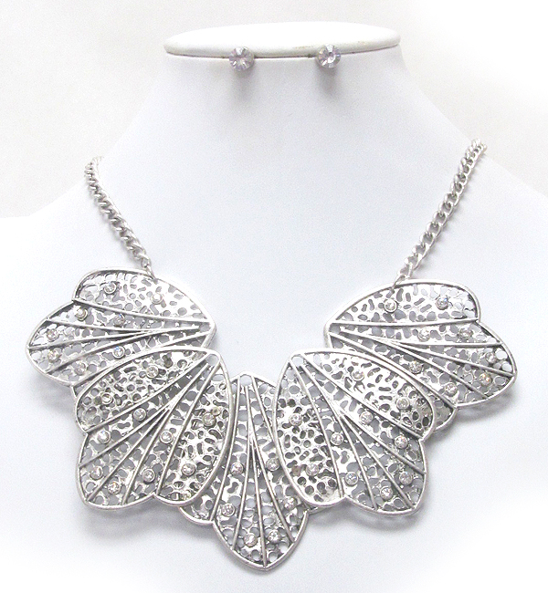 Crystal deco metal filigree multi leaf link nekclace earring set