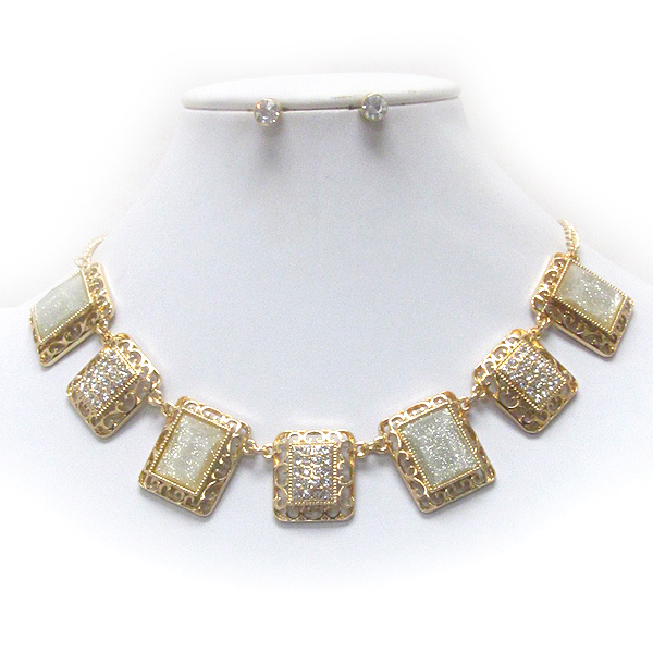 Crystal and metal filigree deco link necklace earring set