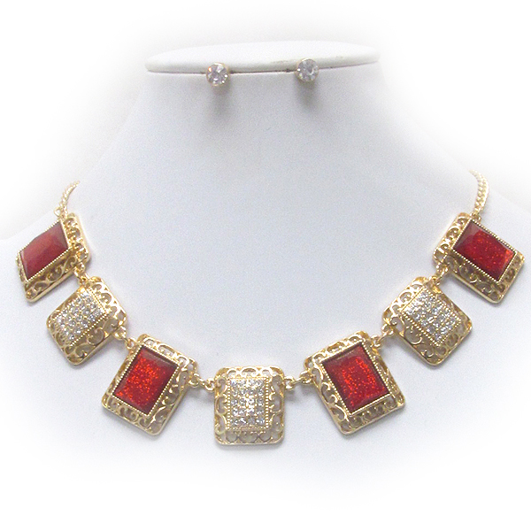 Crystal and metal filigree deco link necklace earring set