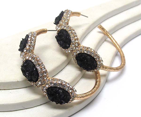 Crystal metal with three oval rough stone hoop earring - hoops