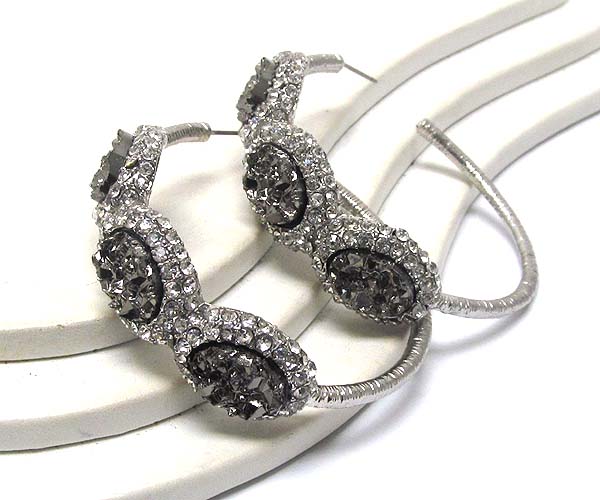 Crystal metal with three oval rough stone hoop earring - hoops