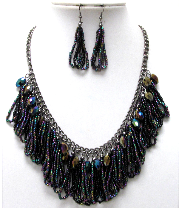 Multi oval layer  seed beads and crystal glass drop chain necklace earring set