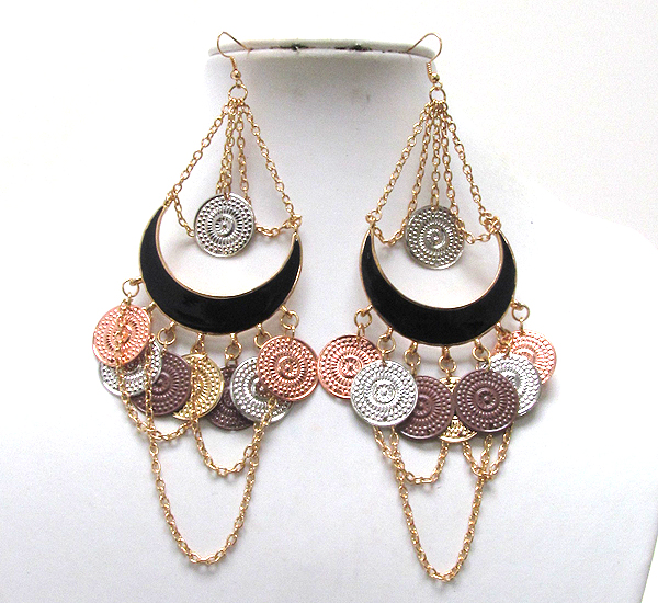 Multi metal round textured with chain dangle half epoxy  hoop earring - hoops