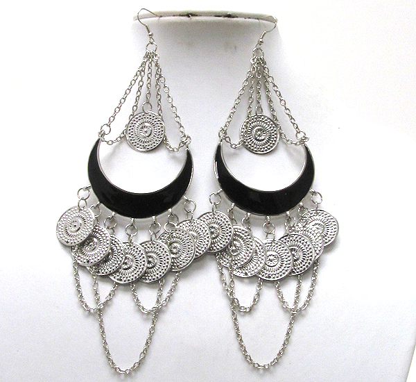 Multi metal round textured with chain dangle half epoxy  hoop earring - hoops