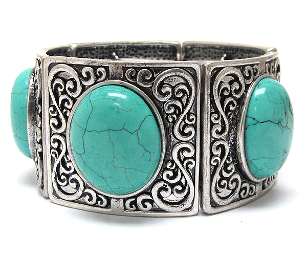 Natural oval stone and textured square pattern stretch bracelet