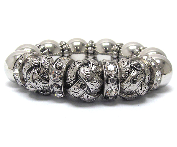 Metal plain and textured balls with crystal rings pattern stretch bracelet