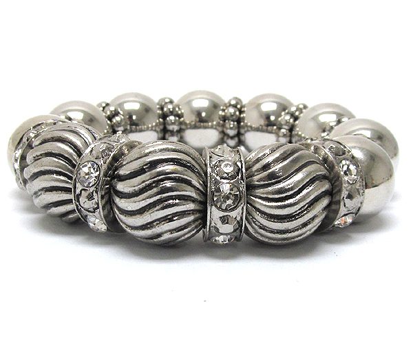 Metal plain and wave textured balls with crystal rings pattern stretch bracelet