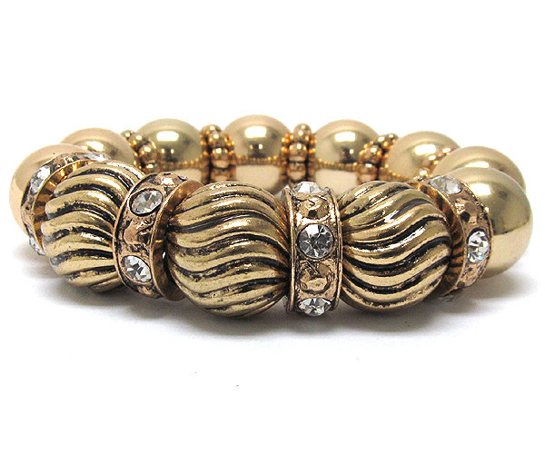 Metal plain and wave textured balls with crystal rings pattern stretch bracelet