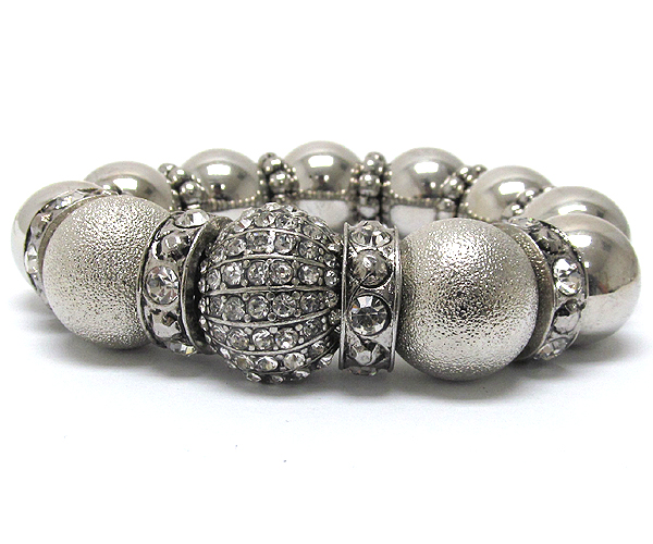 Metal plain and sandy balls with one metal crystal ball and crystal rings pattern stretch bracelet