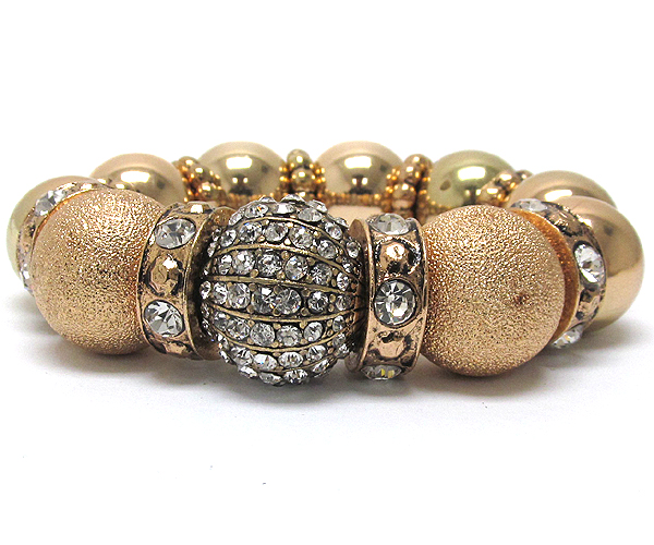 Metal plain and sandy balls with one metal crystal ball and crystal rings pattern stretch bracelet