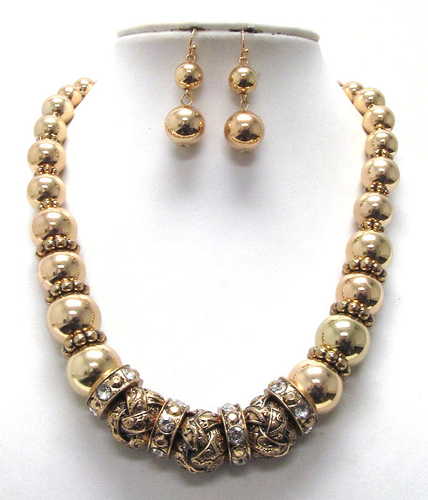 Metal plain and textured balls with crystal rings pattern necklace earring set