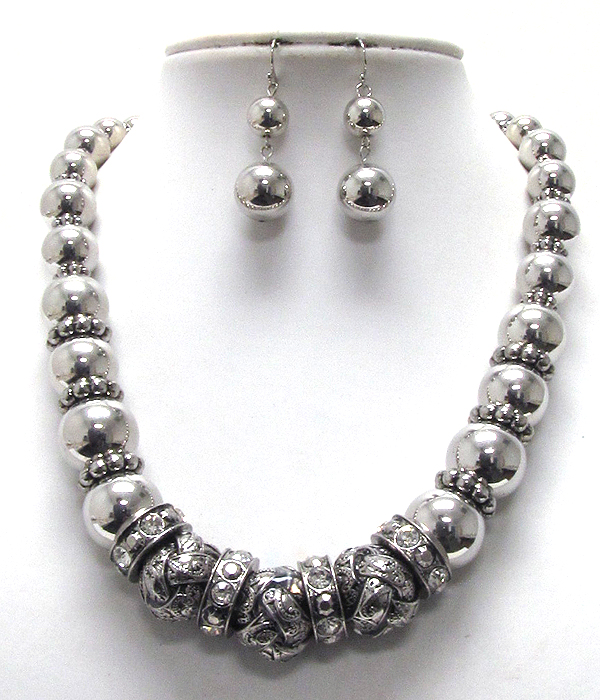 Metal plain and textured balls with crystal rings pattern necklace earring set