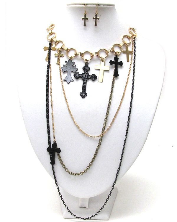 Multi metal cross dangle and multi chain long chain necklace earring set