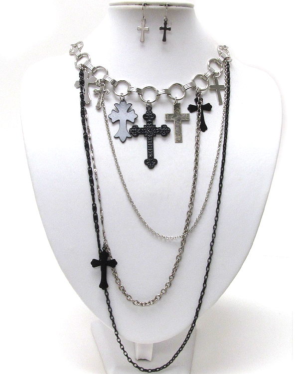 Multi metal cross dangle and multi chain long chain necklace earring set