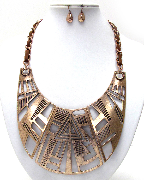 Large metal textured achitectural link bib necklace earring set