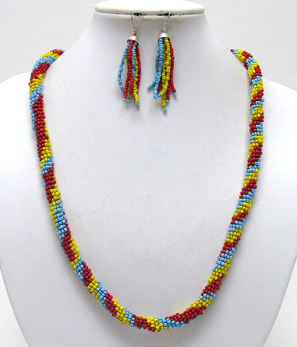 Multi ethnic seed beads twist long nepal necklace earring set