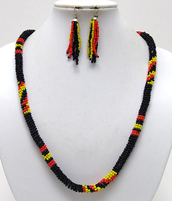 Multi ethnic seed beads twist long nepal necklace earring set