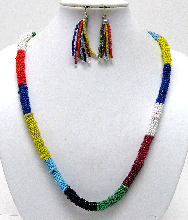 Multi ethnic seed beads twist long nepal necklace earring set