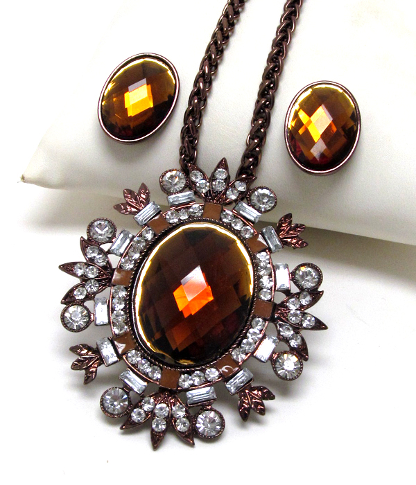 Crystal and glass oval deco metal textured medalliion pendant chain necklace earring set - pendant can be used as a brooch