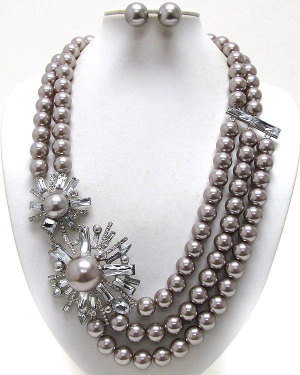 Crystal glass and pearl deco metal flower two line pearl long necklace earring set