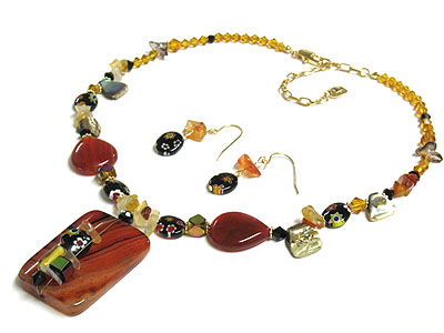 Semi precious tigereye stone pendant and multi shell and glass bead necklace set