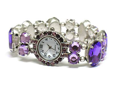 Crystal deco face and acrylic stone link double stretch bracelet watch