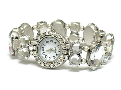 Crystal deco face and acrylic stone link double stretch bracelet watch