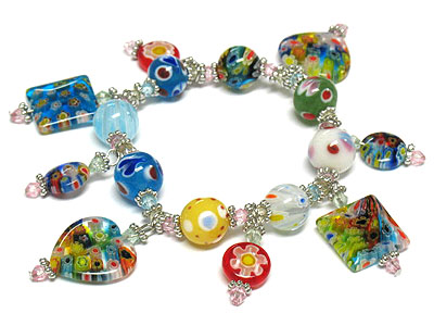 Multi shape and paint murano glass charm stretch bracelet