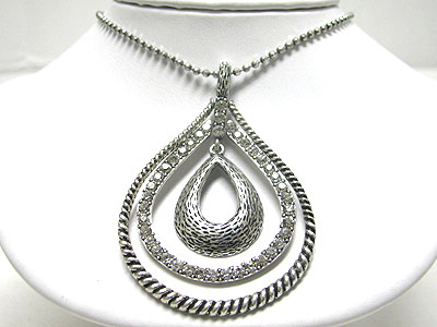 Crystal deco triple metal tear drop long necklace