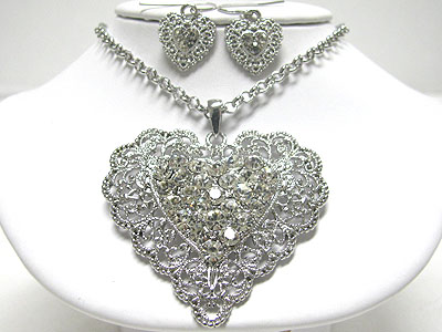 Crystal deco metal filigree large heart long necklace set