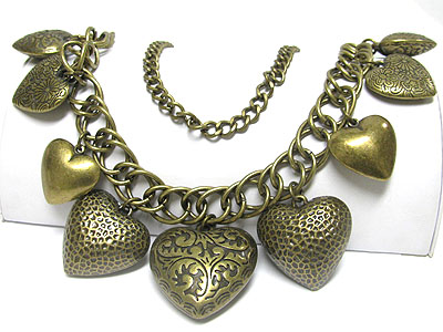 Multi antique metal puff heart dangling long chain long necklace set or belt