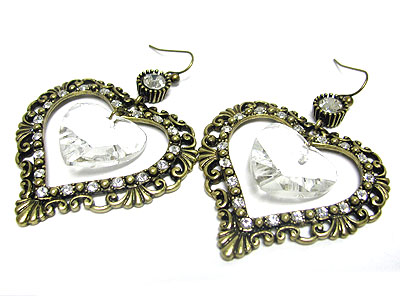 Crystal stud frame and facet heart drop earring