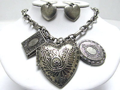 Three metal filigree locket charm necklace set - large heart