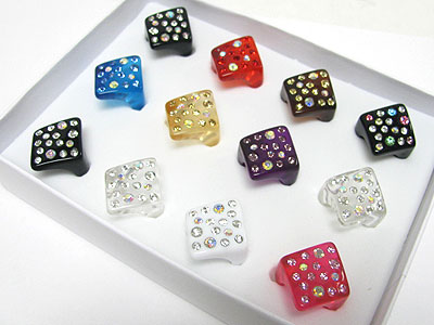 Sell by dozen - mixed color 12 pc crystal stud acryl ring - 789 size mixed mens jewelry