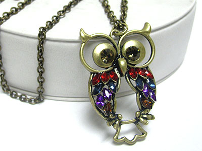 Crystal feather owl pendant long chain necklace