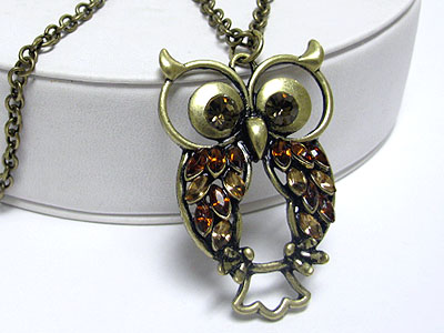 Crystal feather owl pendant long chain necklace