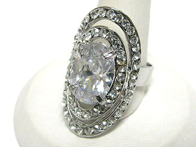 Long oval shape cubic zirconia and crystal adjustable size ring